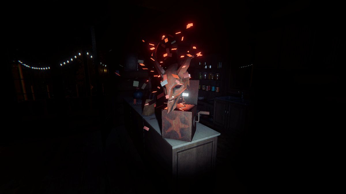 A krampus box in a cabin kitchen in phasmophobia.