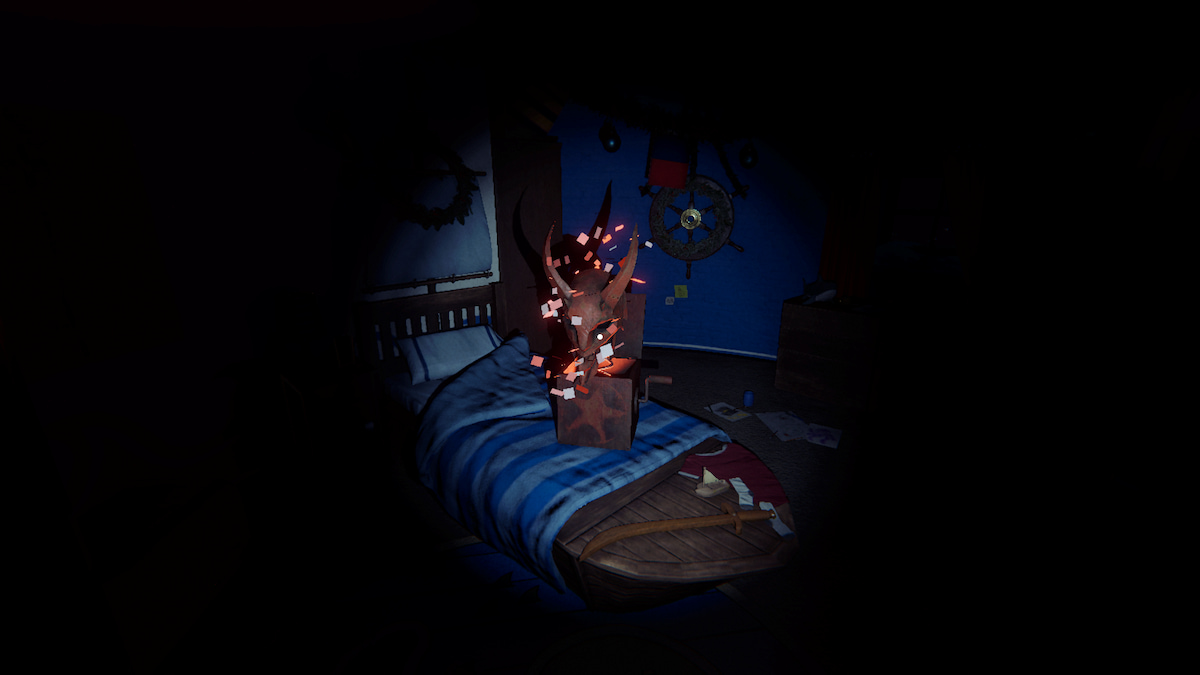 a krampus box in a blue child bedroom in phasmophobia.