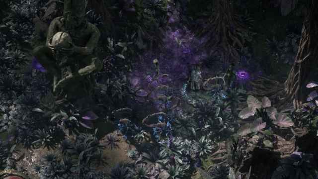A Witch and her skeletal warriors standing amid a bunch of hostile flowers and other flora which are releasing toxins and deadly gases in Path of Exile 2.