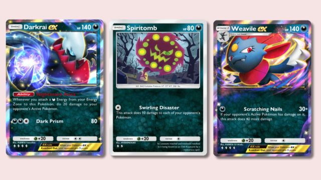 Darkrai ex, Spiritomb, and Weavile ex Pokémon TCG Pocket cards on a pink background.