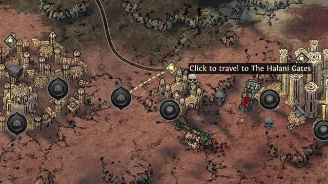 A map in Path of Exile 2 with drawings of numerous cities erected in a red desert. Various ruins and skulls are also portrayed.
