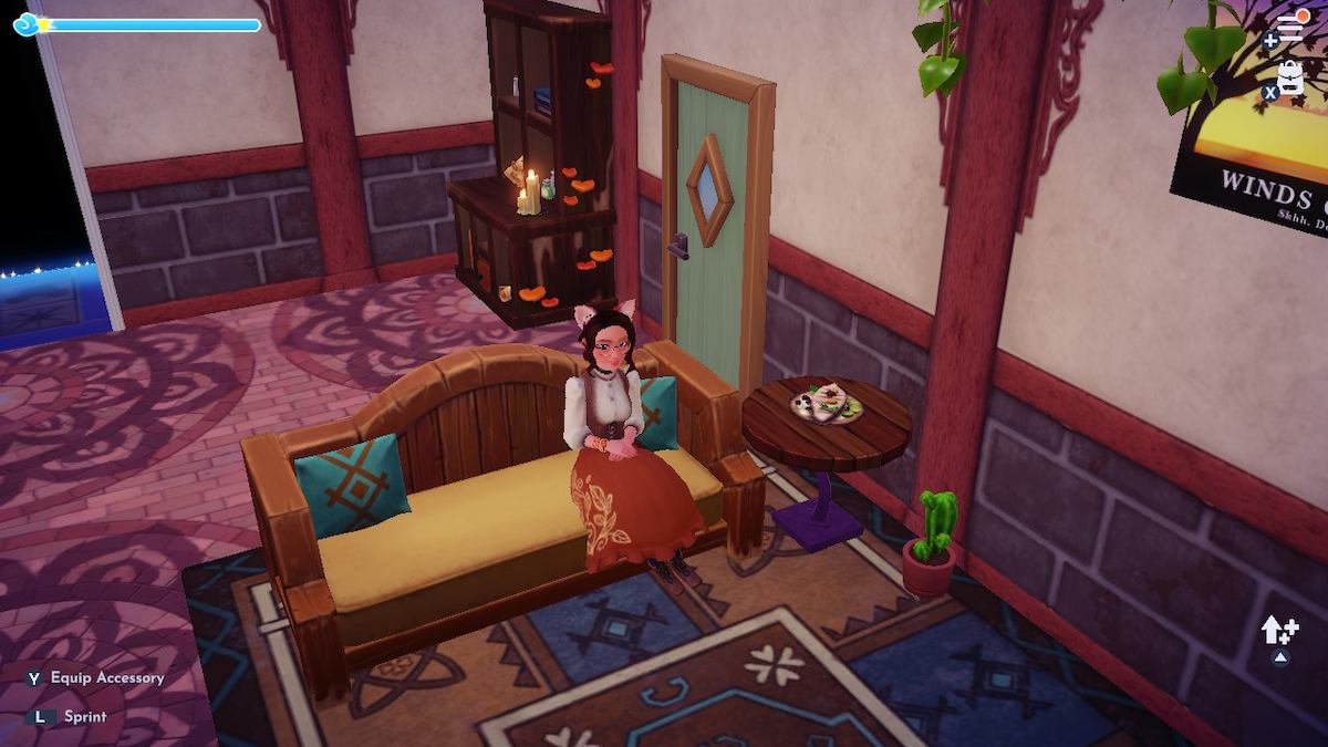 Avatar sitting next to an end table with a Grilled Koi Gyro meal on it in DDV.
