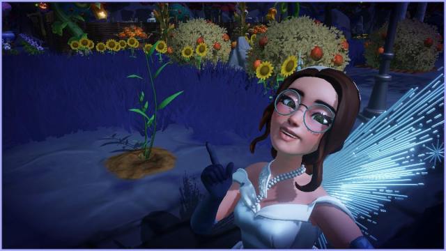 An avatar in Disney Dreamlight Valley pointing at a ginger plant.