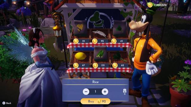 An avatar in Disney Dreamlight Valley buying rice from Goofy.