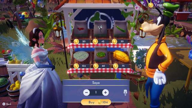 An avatar in Disney Dreamlight Valley buying soya from Goofy.