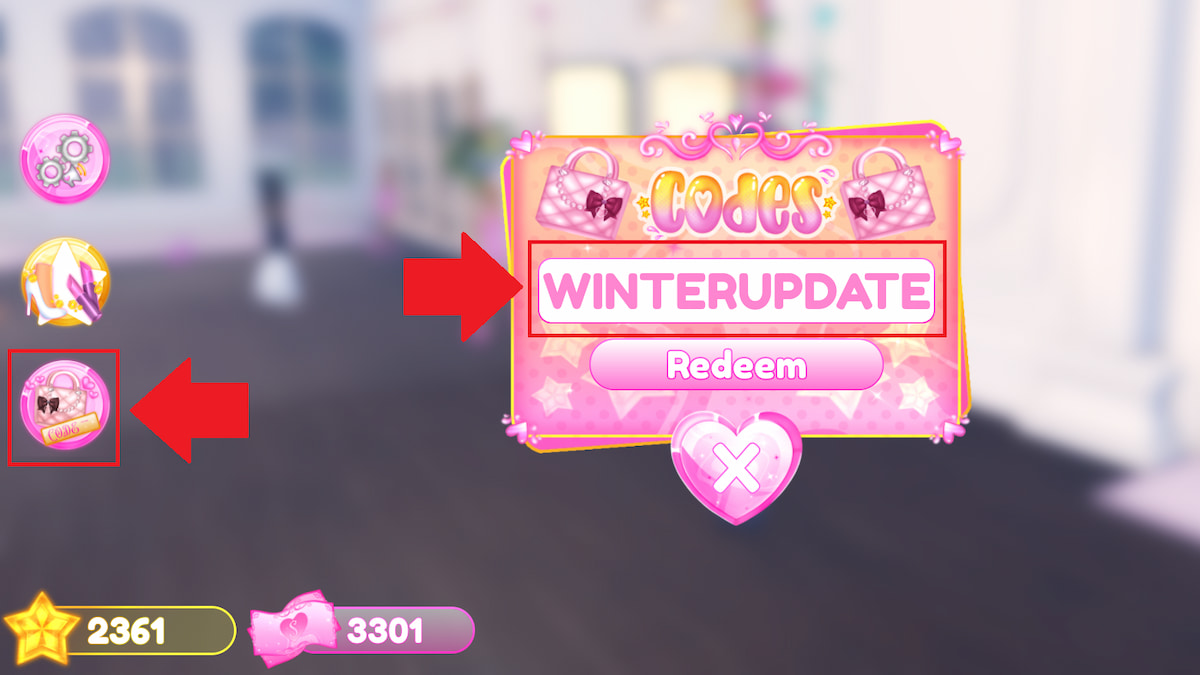 The code WINTERUPDATE in the codes box in Dress to Impress.