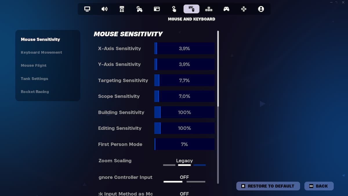 The Mouse and Keyboard settings menu in Fortnite.