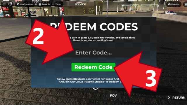 Assetto Street Racing Redeem Codes window