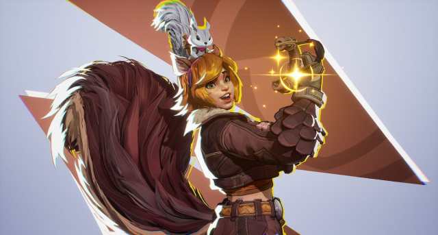 Squirrel Girl in Marvel Rivals holds up her slingshot as a squirrel sits on her head.
