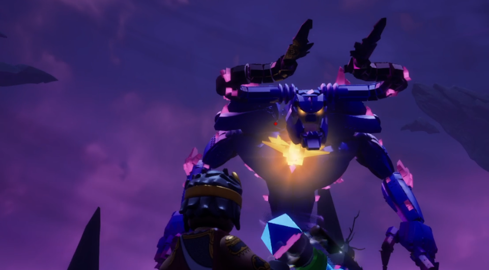 the lego storm king overlooks a player during the boss fight in lego fortnite