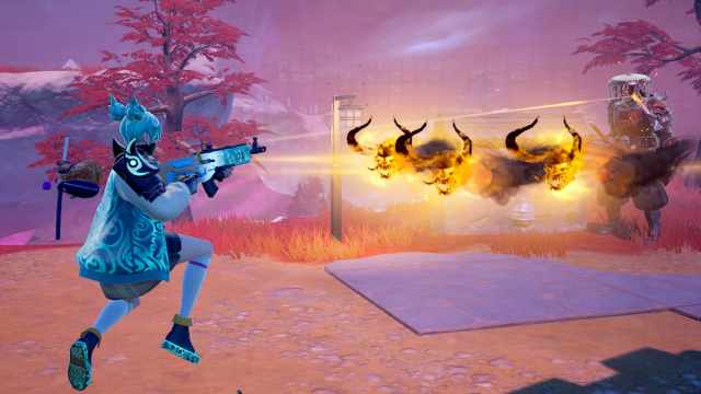 Jade shooting at Shogun X while flaming fire is heading towards her in Fortnite.