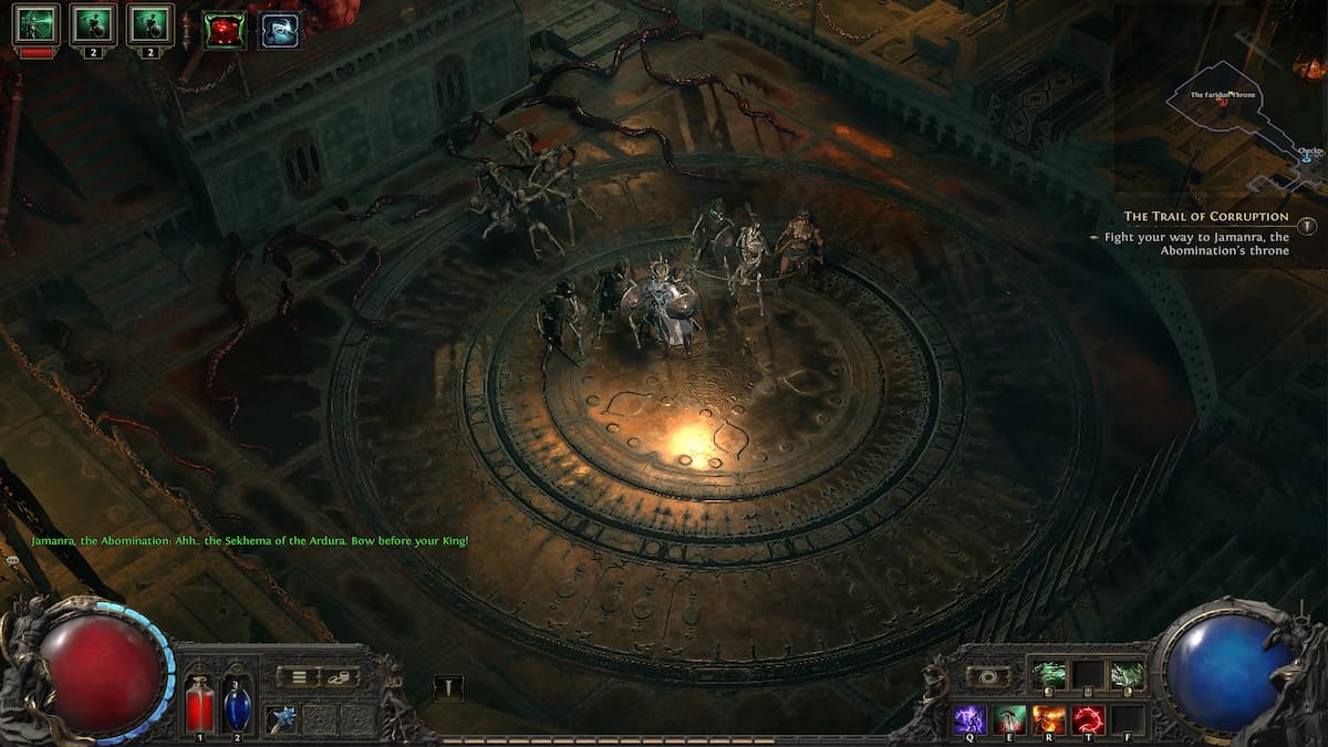 A necromancer and her skeletal warriors standing in a gilded arena with tendrils sprawling on the floor in Path of Exile 2.