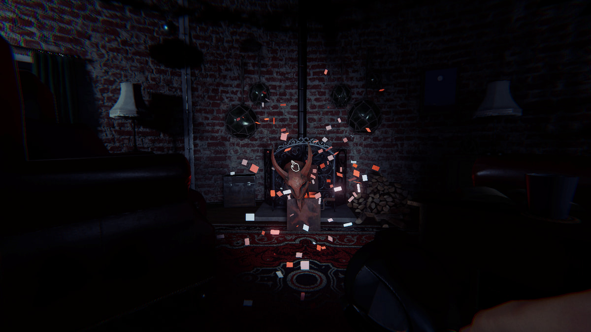 a krampus box in front of a fireplace in the living room in phasmophobia. 