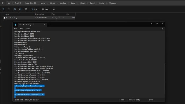 Marvel Rivals config file and path and command to turn off mouse acceleration in windows file manager