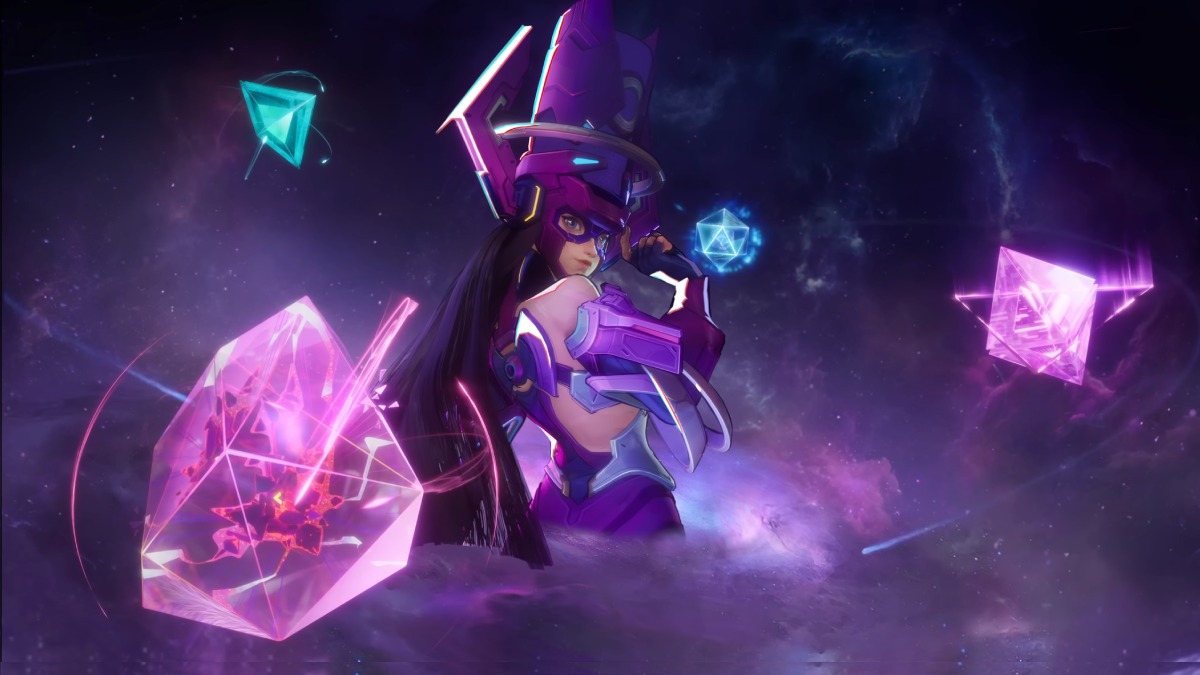 Galacta looking back at viewer with purple crystals around her
