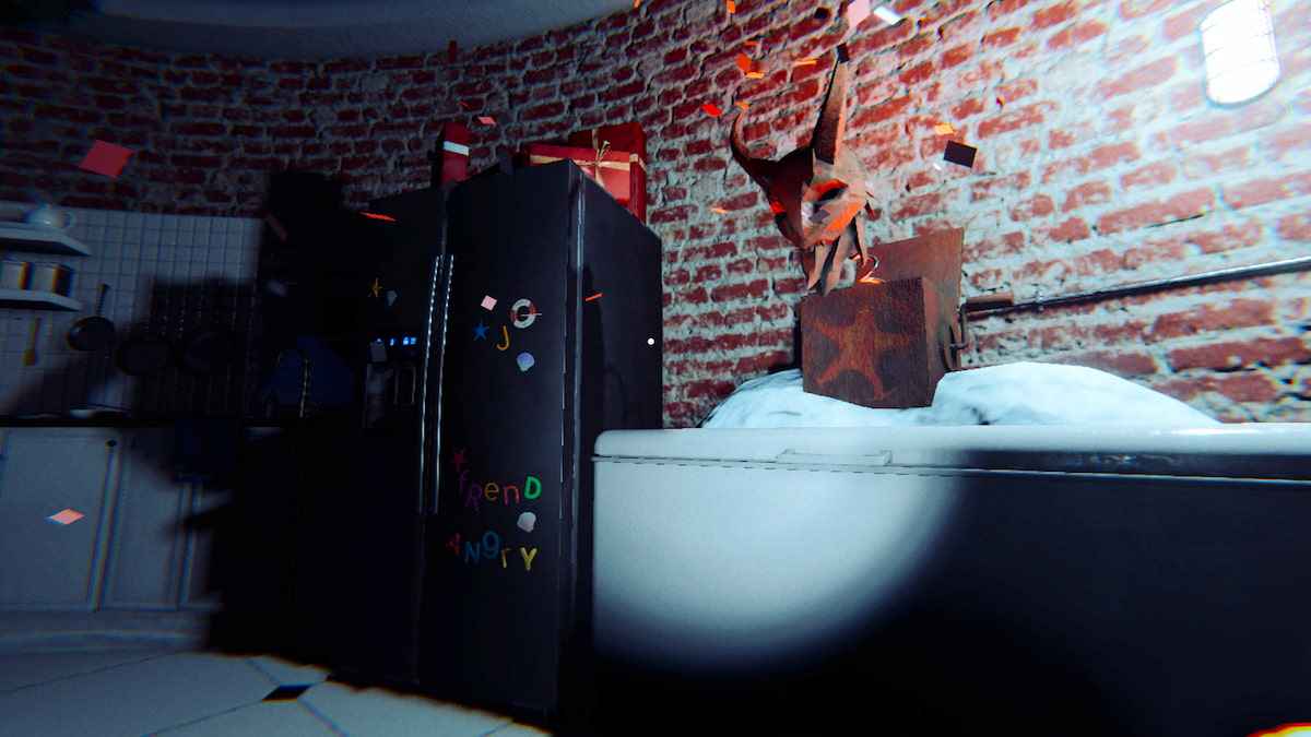 A krampus box sitting on a freezer next to a fridge popping open in phasmophobia.