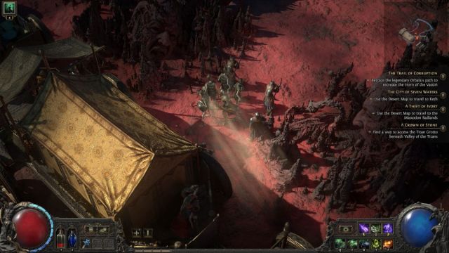 Player character exiting the caravan to the red desert area surrounded by dark rocks and dust.