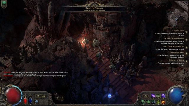 Ancient Seal being picked up by player character with skeleton minions in Path of Exile 2 red desert.