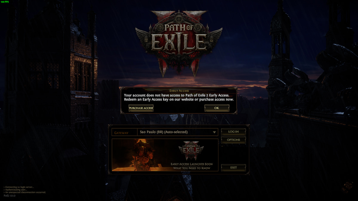The Path of Exile 2 login screen with the message that "your account does not have access to Path of Exile 2 early access."