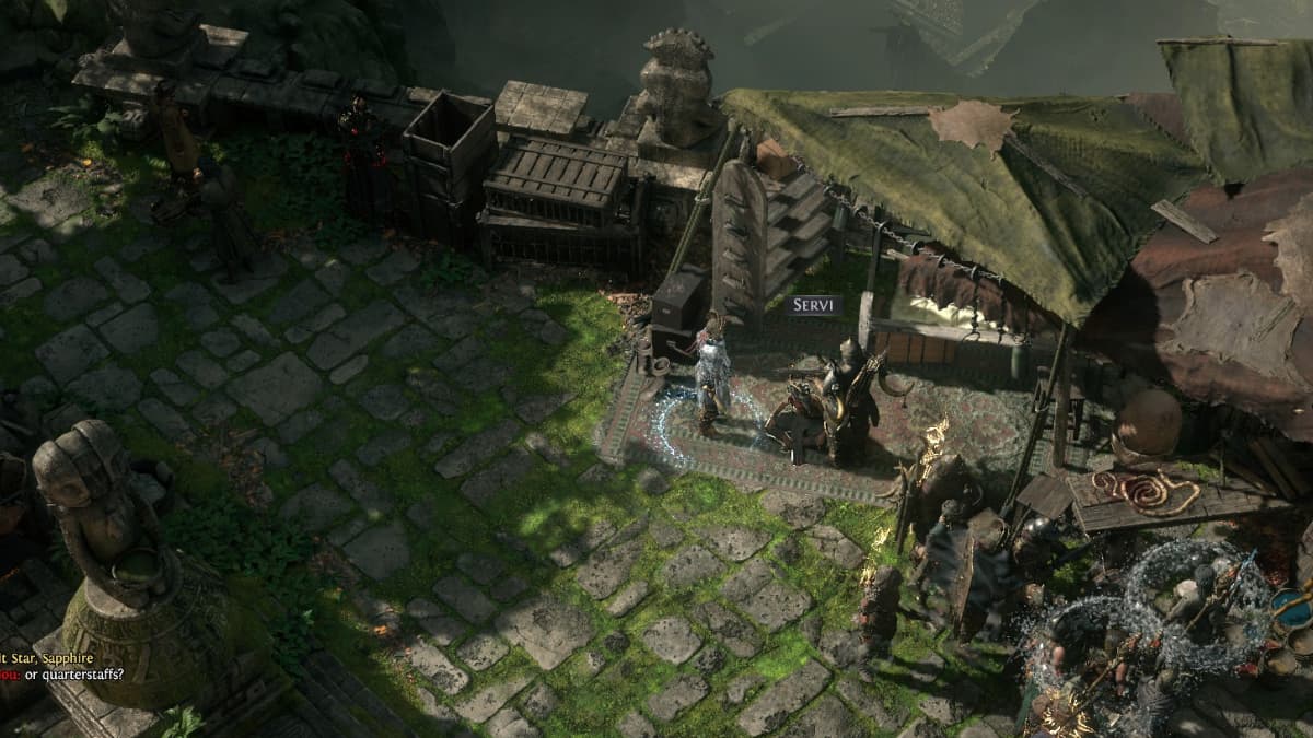 A strange woman, Servi, sitting beneath tents, surrounded by various rugs and tables and strange baubles while a Witch stand in front of her amid the ruins of an Aztec-inspired temple in Path of Exile 2.