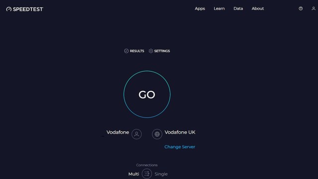 A Speedtest screenshot, showing players how to test their internet connection