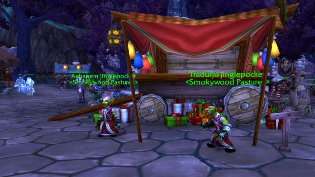 Vendors selling Winter Veil items in a garrison in World of Warcraft.
