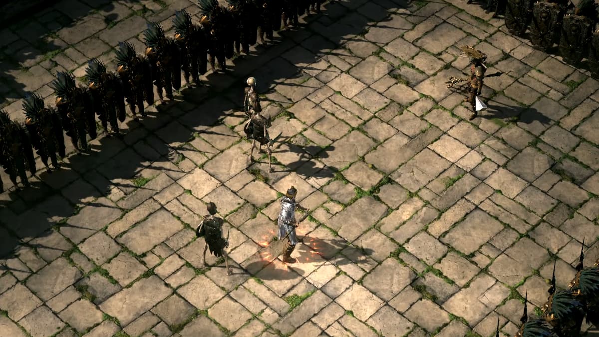 A tribal warrior stares down a witch and her skeletal warriors while they are both surrounded by legionary warriors standing in formation with their shields raised and spears at the ready in Path of Exile 2.