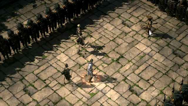 A tribal warrior stares down a witch and her skeletal warriors while they are both surrounded by legionary warriors standing in formation with their shields raised and spears at the ready in Path of Exile 2.