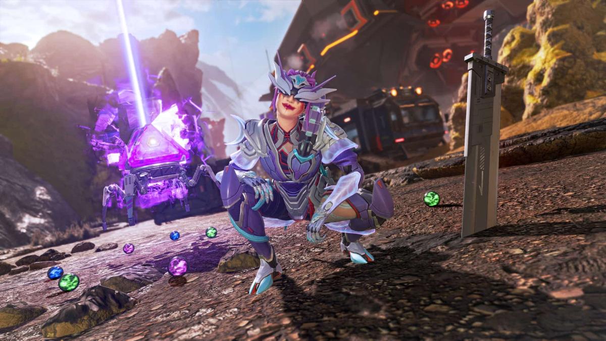 Alter squats between a large sword stuck in the ground and several small, colored orbs as an Apex pack burning purple sits in the background.
