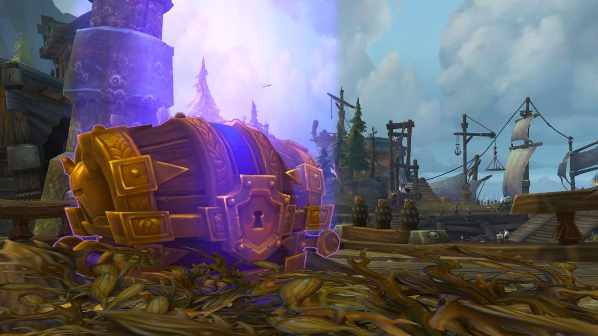 Treasure chest in World of Warcraft Plunderstorm mode with ships behind it.
