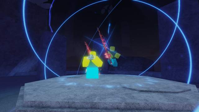 Picture showing a player using an Enchant Relic in Fisch at the Statue of Sovereignty.