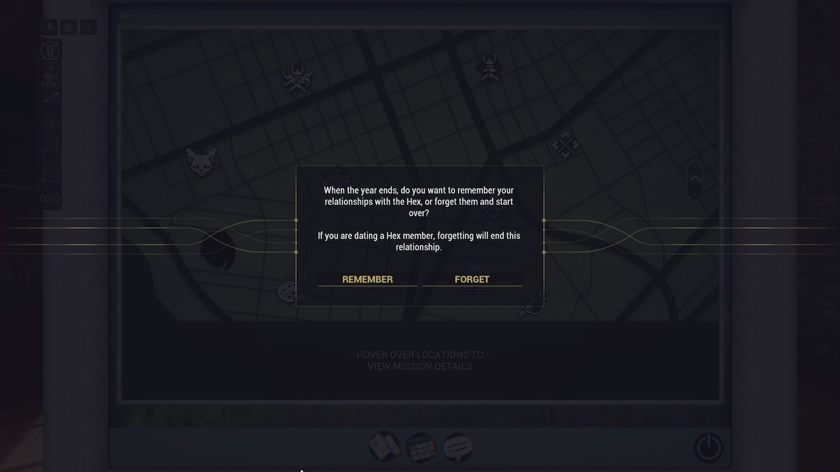 A prompt in Warframe asking if the player would like to forget their relationships or remember them.