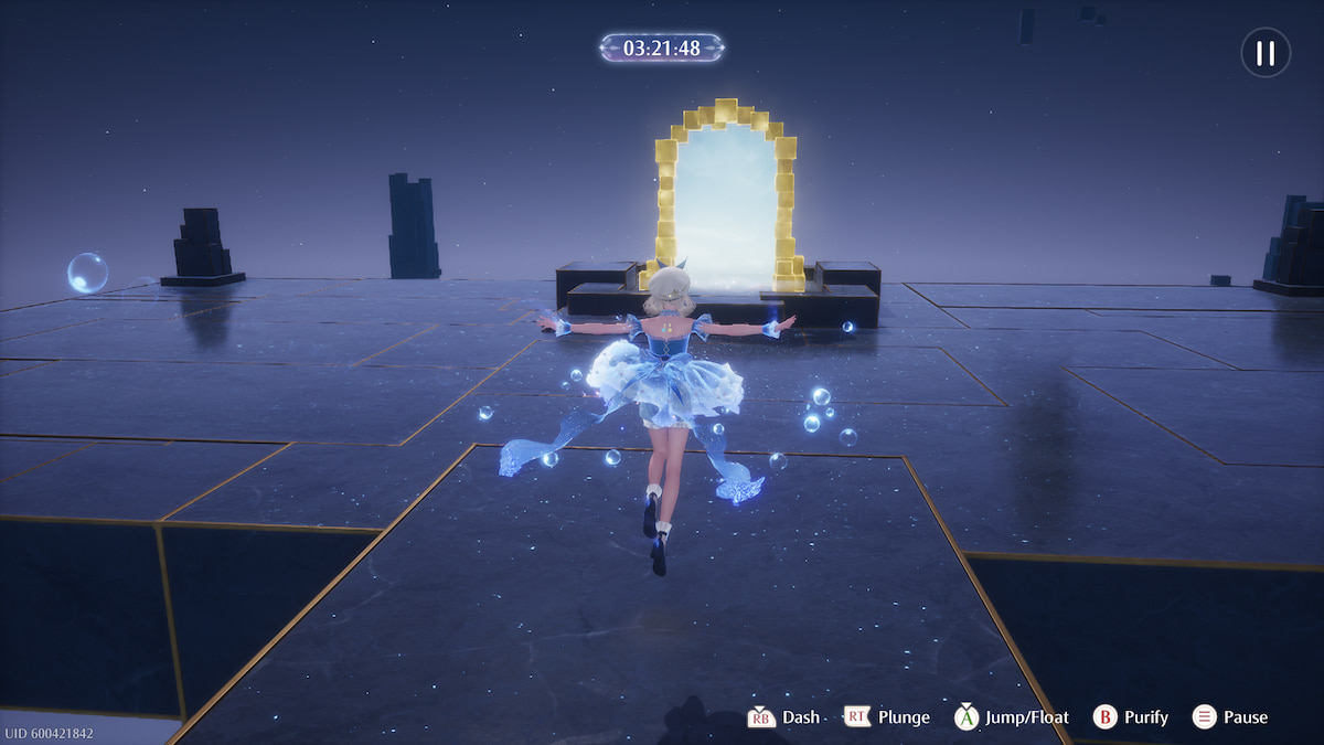 nikki floating in a blue dress to a golden door
