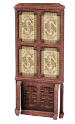 A wooden panel of a room divider. Fish-like designs take up four slots on the top half. This is one of the four Room Dividers from Enshrouded.