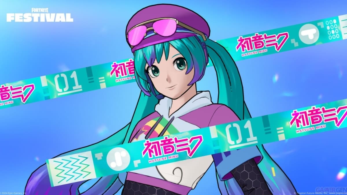 hatsune miku in fortnite wearing a rainbow shirt and purple cap
