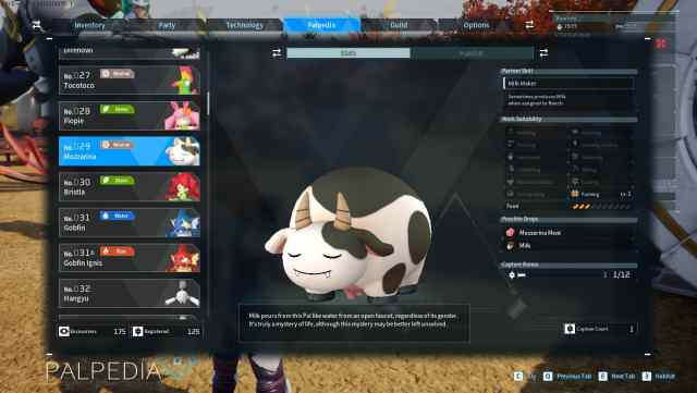 Mozzarina's Palpedia page in Palworld.