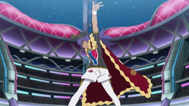Leon posing in an arena in the Pokémon anime.