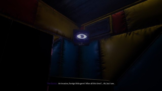 The Doctor's eye on a television monitor inside a train car at the start of Poppy Playtime chapter 4