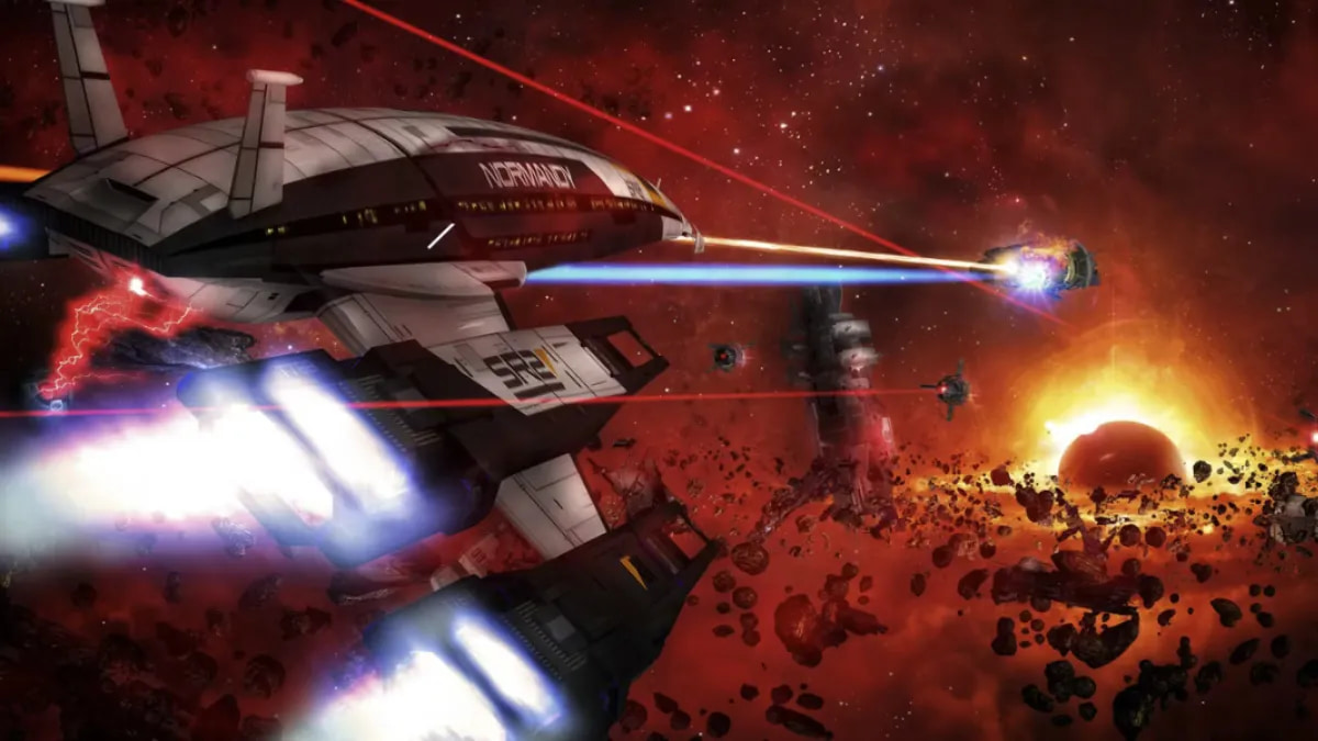 The Normandy in flight during Mass Effect 2's Suicide Mission.