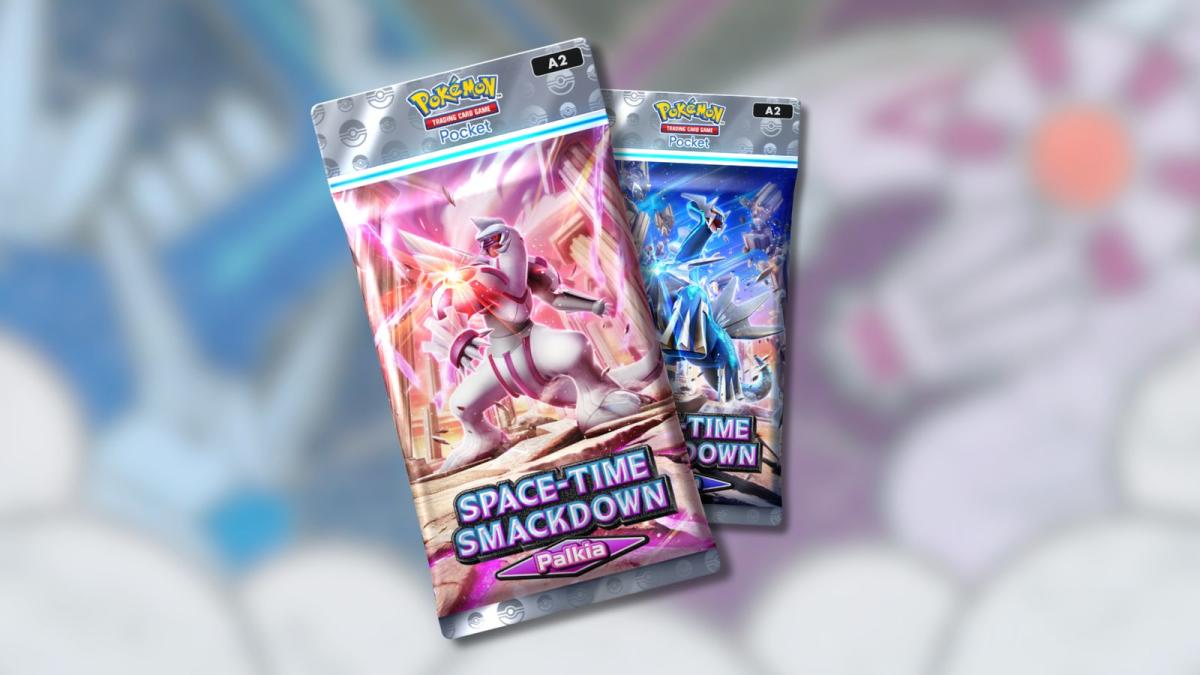 Pokémon TCG Pocket packs with Dialga and Palkia in the background.