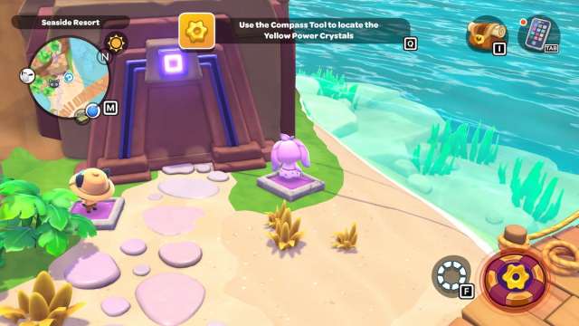 The compass tool turning gold and pulsing as the player gets close to the puzzle room that has a Yellow Power Crystal in Hello Kitty Island Adventure.