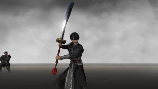 Dynasty Warriors Origins weapon tier list: the nameless protagonist stands with a podao in a cloudy void with an enemy archer.