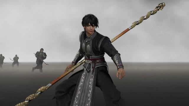 Dynasty Warriors Origins weapon tier list: the nameless protagonist stands with a staff in a cloudy void with a few enemies.