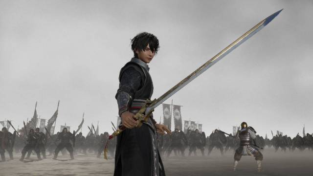 Dynasty Warriors Origins weapon tier list: the nameless protagonist stands with a sword in a cloudy void filled with enemies.