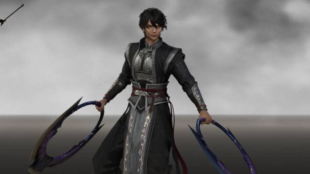Dynasty Warriors Origins weapon tier list: the nameless protagonist stands with a set of wheels in a cloudy void.
