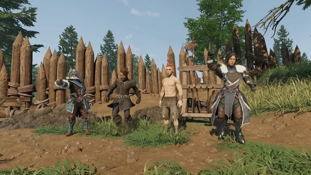 Enshrouded four player characters standing and emoting