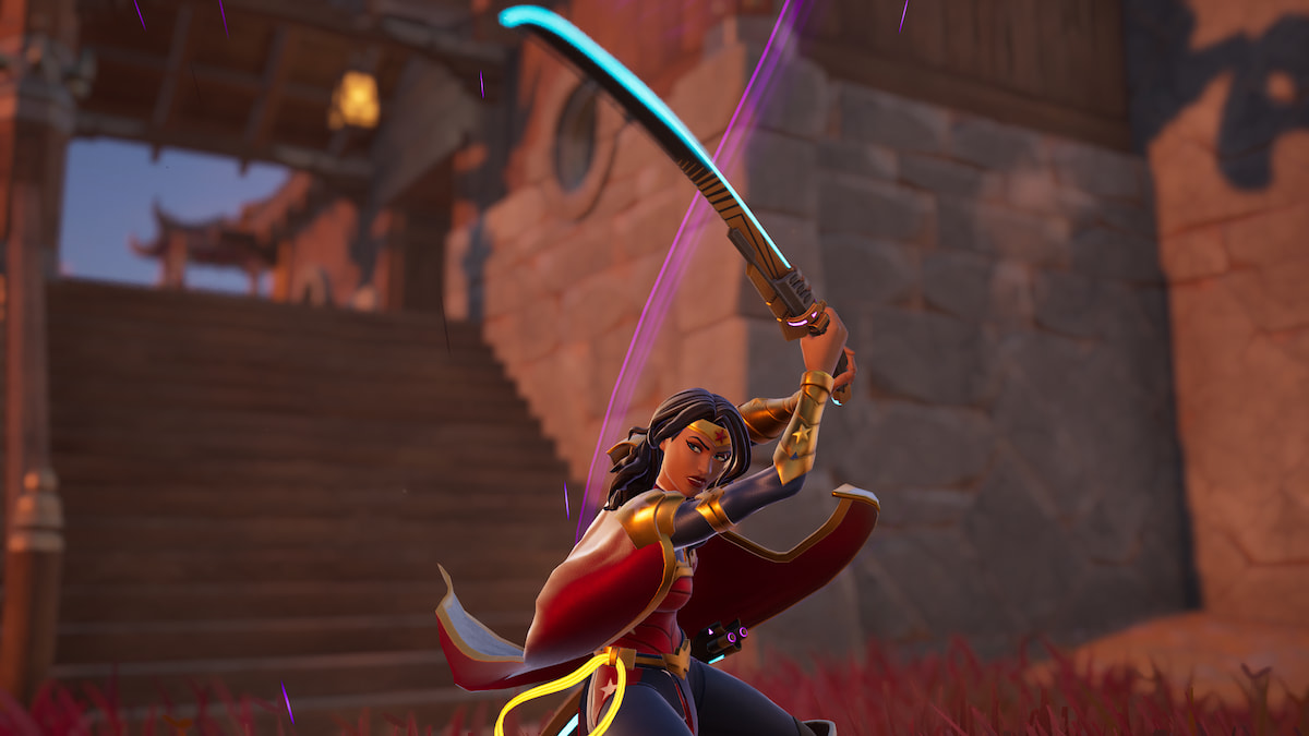 Wonder Woman slicing upwards with a Kinetic Blade in Fortnite.