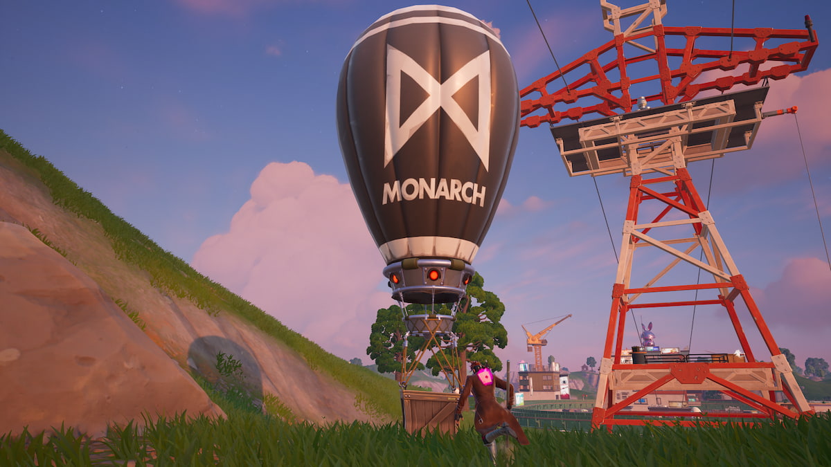 Gambit running up to a Monarch supply drop balloon in Fortnite.