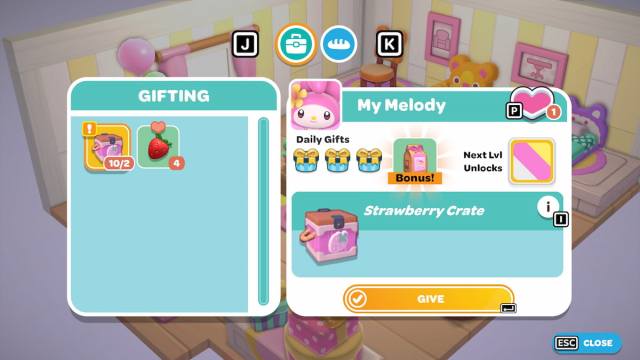 Giving My Melody two strawberry crates in Hello Kitty Island Adventure.