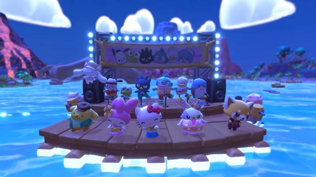 A bunch of Hello Kitty characters gathered on a small wooden platform floating on the water in Hello Kitty Island Adventure